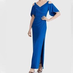 Lauren Ralph Long Gown Dress Women 10 Cold Shoulder Jersey Side Slit Maxi Ruched